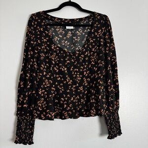 Abound Black Orange Floral Print Corset Style Long Sleeve Button Top Cottagecore